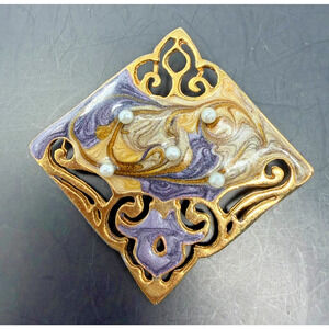 Vintage Gold Tone Enamel Swirl Brooch Faux Pearl Purple Art Nouveau Pin